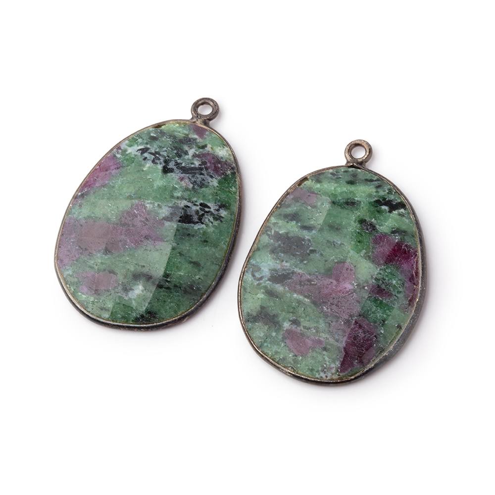 26mm Black Gold Bezel Ruby in Zoisite Faceted Freeform Set of 2 Pendants