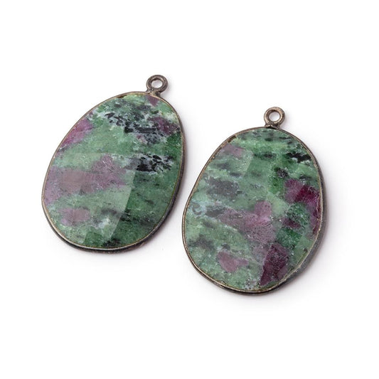 26mm Black Gold Bezel Ruby in Zoisite Faceted Freeform Set of 2 Pendants