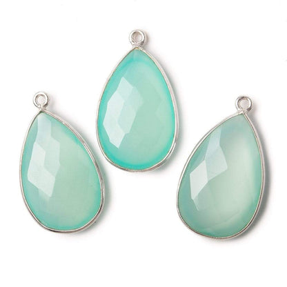 26x17mm Silver .925 Bezeled Seaglass Chalcedony faceted Pear Pendant 1 piece