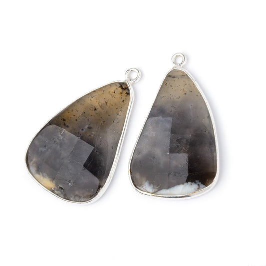 26x18mm .925 Silver Bezel Dendritic Opal Faceted Freeform Set of 2 Pendants