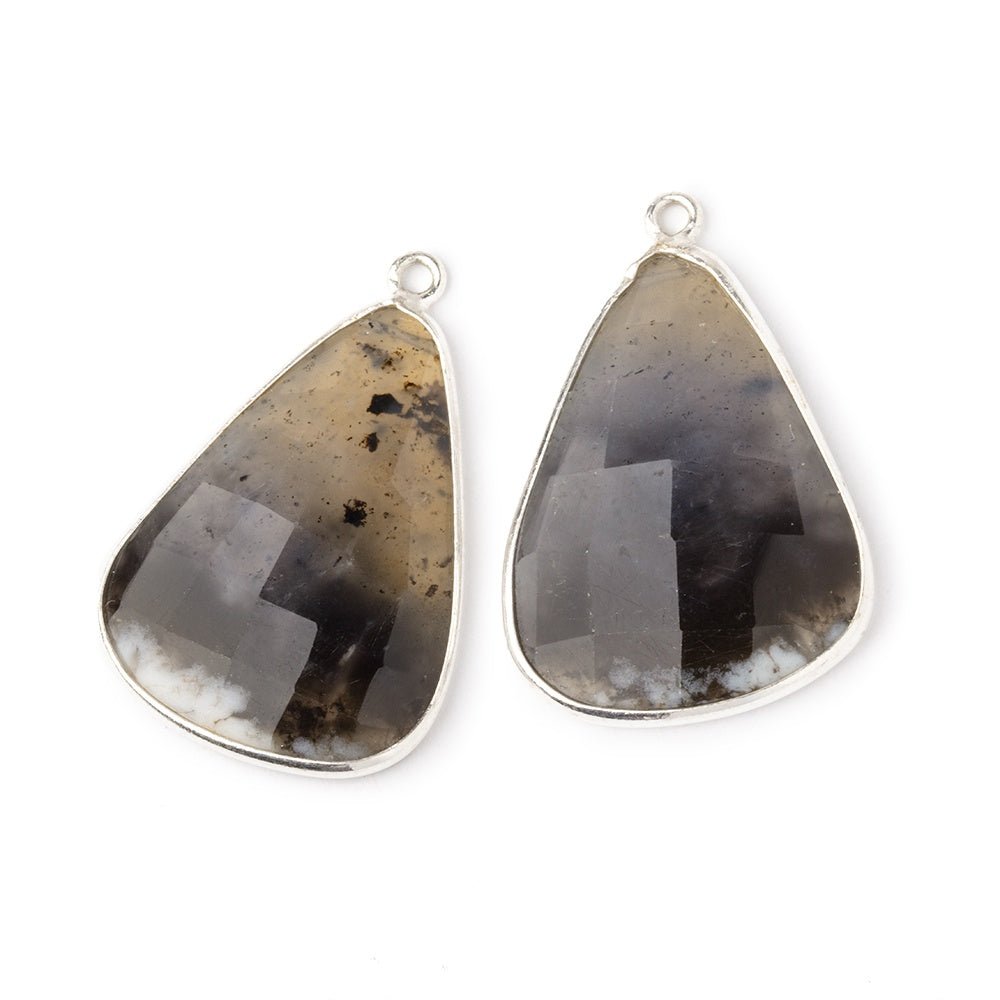 26x20mm .925 Silver Bezel Dendritic Opal Faceted Freeform Set of 2 Pendants