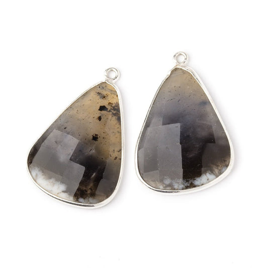 26x20mm .925 Silver Bezel Dendritic Opal Faceted Freeform Set of 2 Pendants