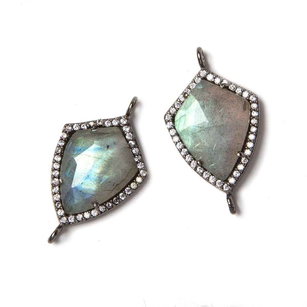 27mmx15mm Gunmetal Bezeled Colorless Cubic Zirconia & Labradorite Shield Connector