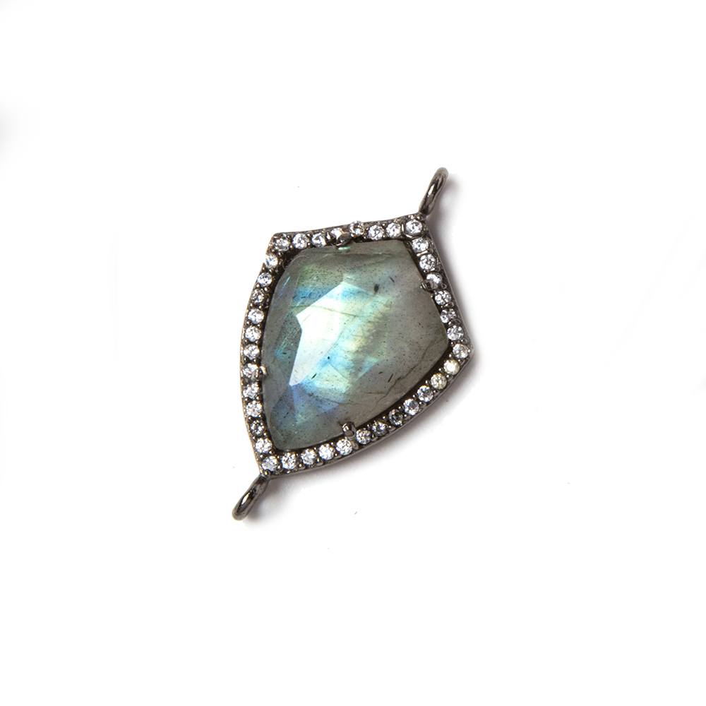 27mmx15mm Gunmetal Bezeled Colorless Cubic Zirconia & Labradorite Shield Connector
