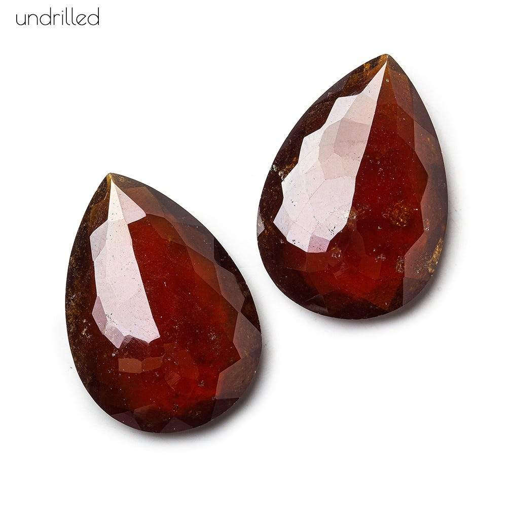 27x19x5.5mm Dark Hessonite Garnet Gem Quality Pavilion Faceted Pear Focal Set of 2