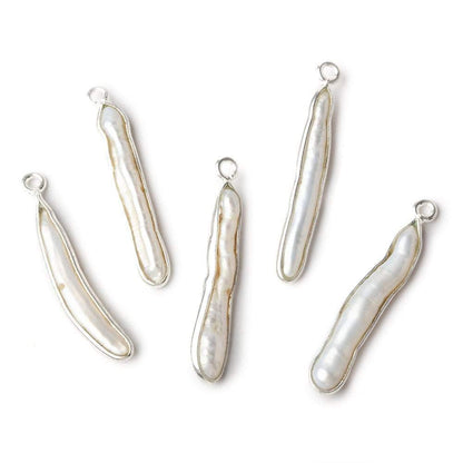 27x4mm Silver Bezeled Off White Biwa Pearl Pendant 1 piece