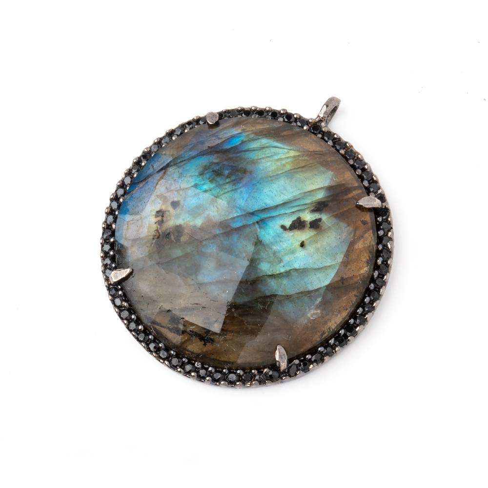 28mm Black Gold & Black CZ Bezel Labradorite Coin Pendant 1 Focal Bead