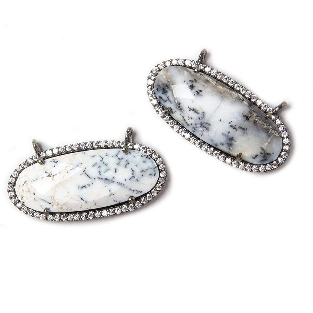 28x14mm Black Gold Bezeled CZ & Dendritic Opal Oval East West Connector 1 pc