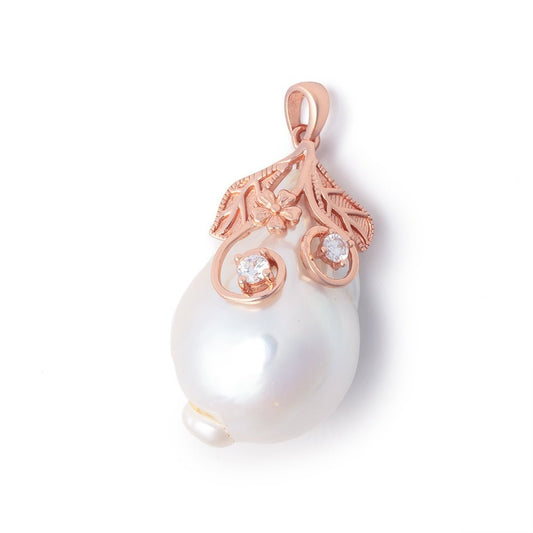 28x18mm Rose Gold Capped White Ultra Baroque Pearl Pendant 1 focal