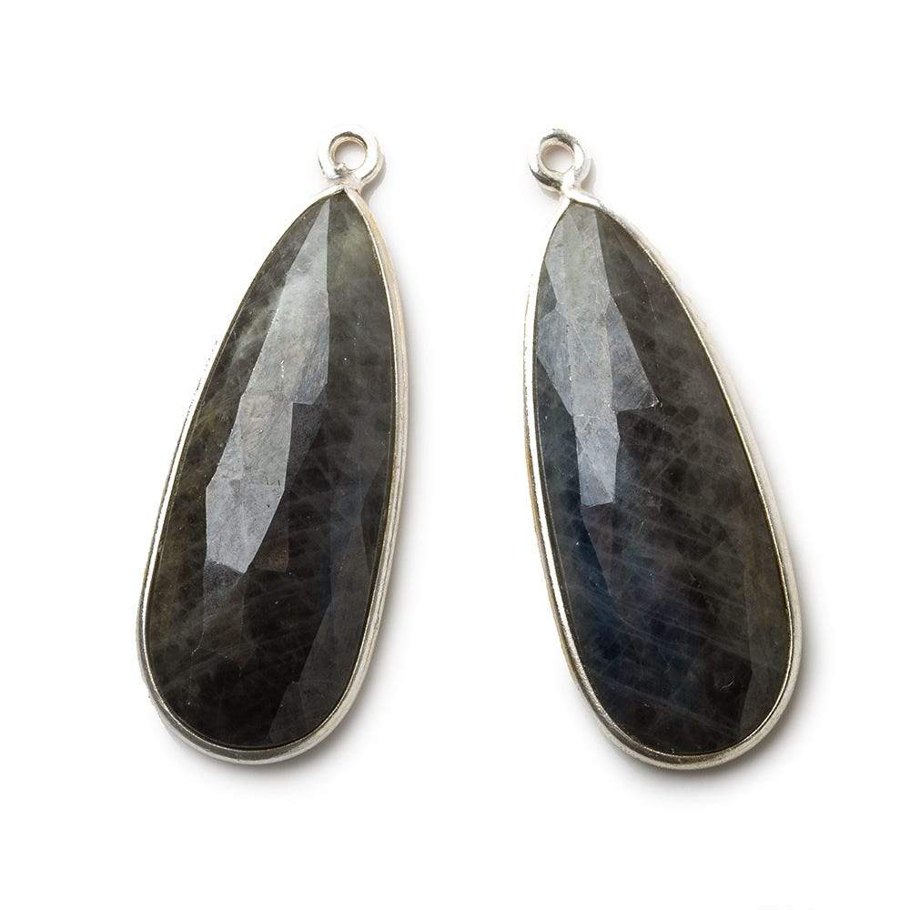 29x12mm Silver .925 Bezel Blue Sapphire faceted pear Pendant Set of 2 pieces