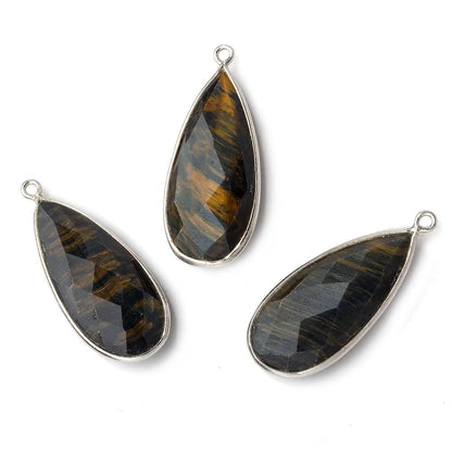 29x13mm Silver .925 Bezel Gold & Black Tiger's Eye faceted Pear Pendant 1 piece
