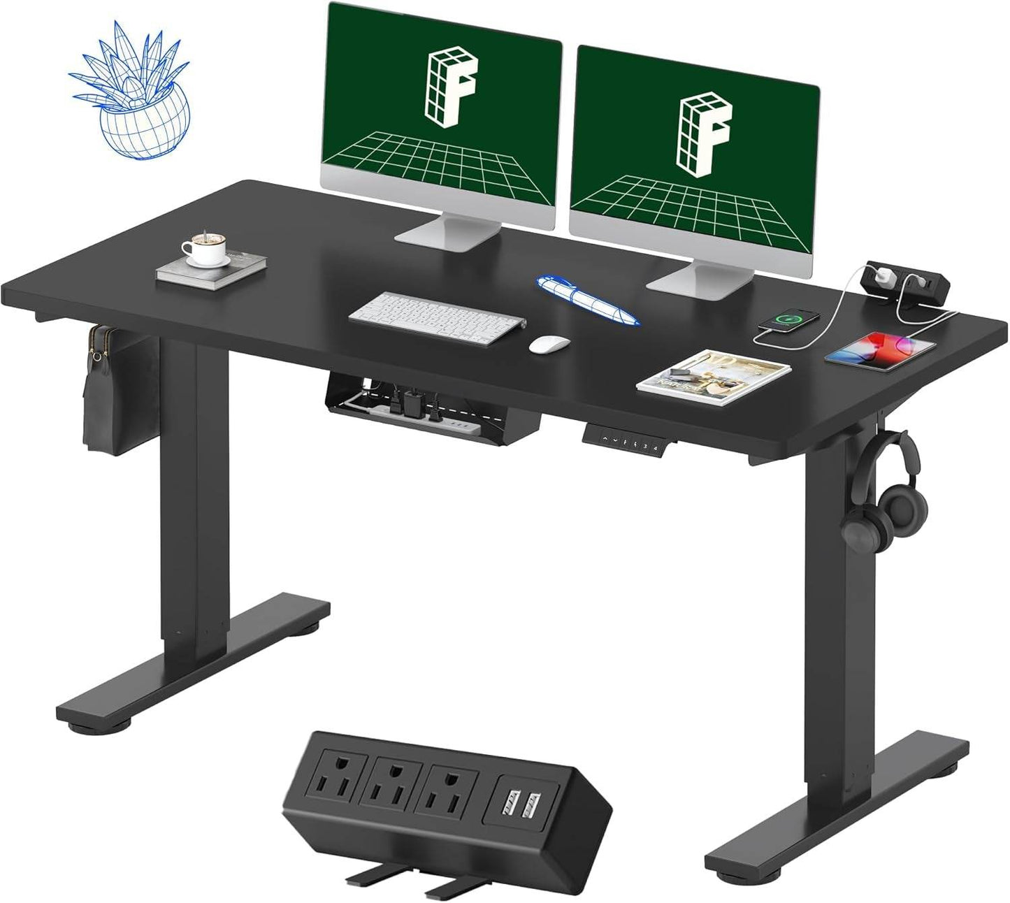 EN2 Height Adjustable Electric Standing Desk - 48"x30" with Clamp Power Strip & Cable Management (Gray Frame + Mahogany Top)