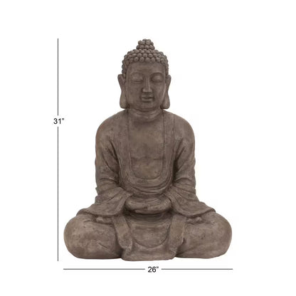 Brown Polystone Meditating Buddha Sculpture with Engraved Carvings and Relief Detailing