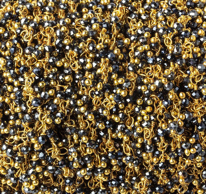 2mm Hematite micro faceted round Gold Dangling Chain by the foot