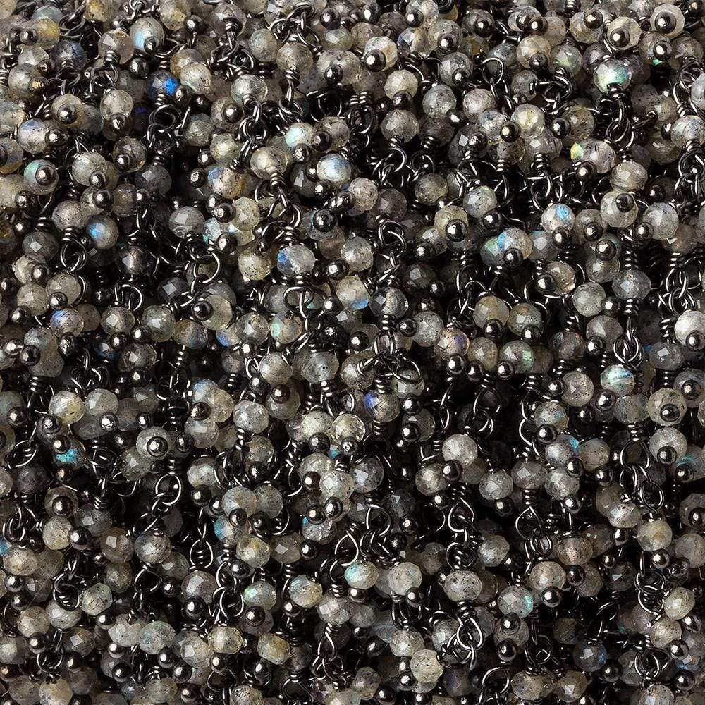 2mm Labradorite micro faceted rondelle Black Gold Dangling Chain by the foot