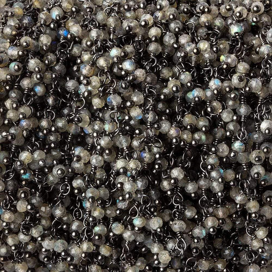 2mm Labradorite micro faceted rondelle Black Gold Dangling Chain by the foot
