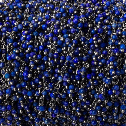2mm Lapis Lazuli micro faceted round Black Gold plated Dangling Chain by the foot