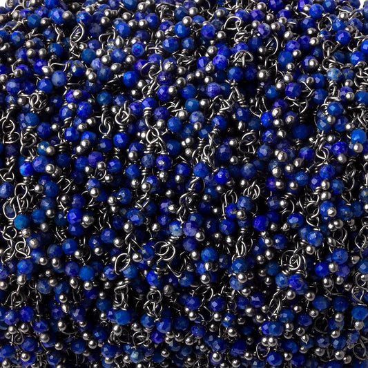 2mm Lapis Lazuli micro faceted round Black Gold plated Dangling Chain by the foot