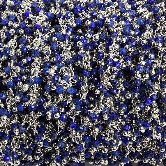 2mm Lapis micro faceted round Silver plated Dangling Chain by the foot 110 pcs