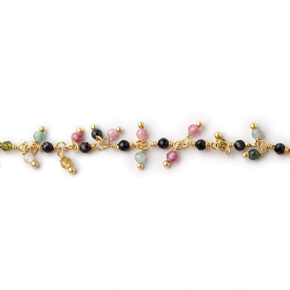 2mm Multi Color Tourmaline micro faceted Gold plated Dangling Chain by the foot