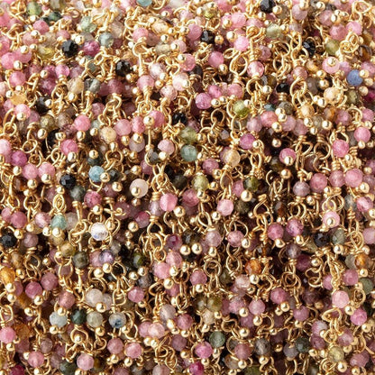 2mm Multi Color Tourmaline Micro Faceted Round Gold plated Dangling Chain by the foot