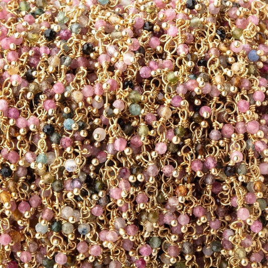2mm Multi Color Tourmaline Micro Faceted Round Gold plated Dangling Chain by the foot
