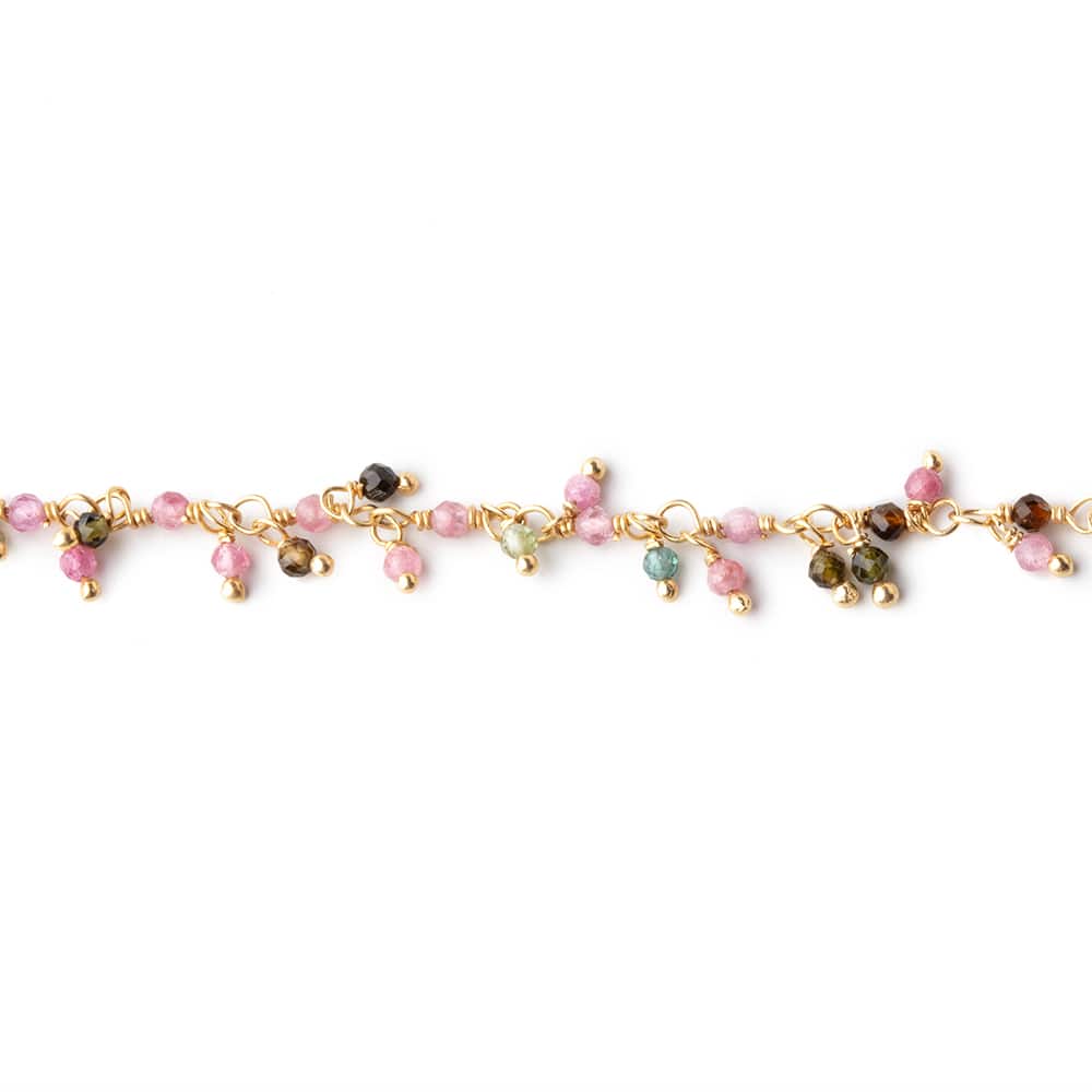 2mm Multi Color Tourmaline Micro Faceted Round Gold plated Dangling Chain by the foot