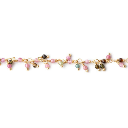 2mm Multi Color Tourmaline Micro Faceted Round Gold plated Dangling Chain by the foot
