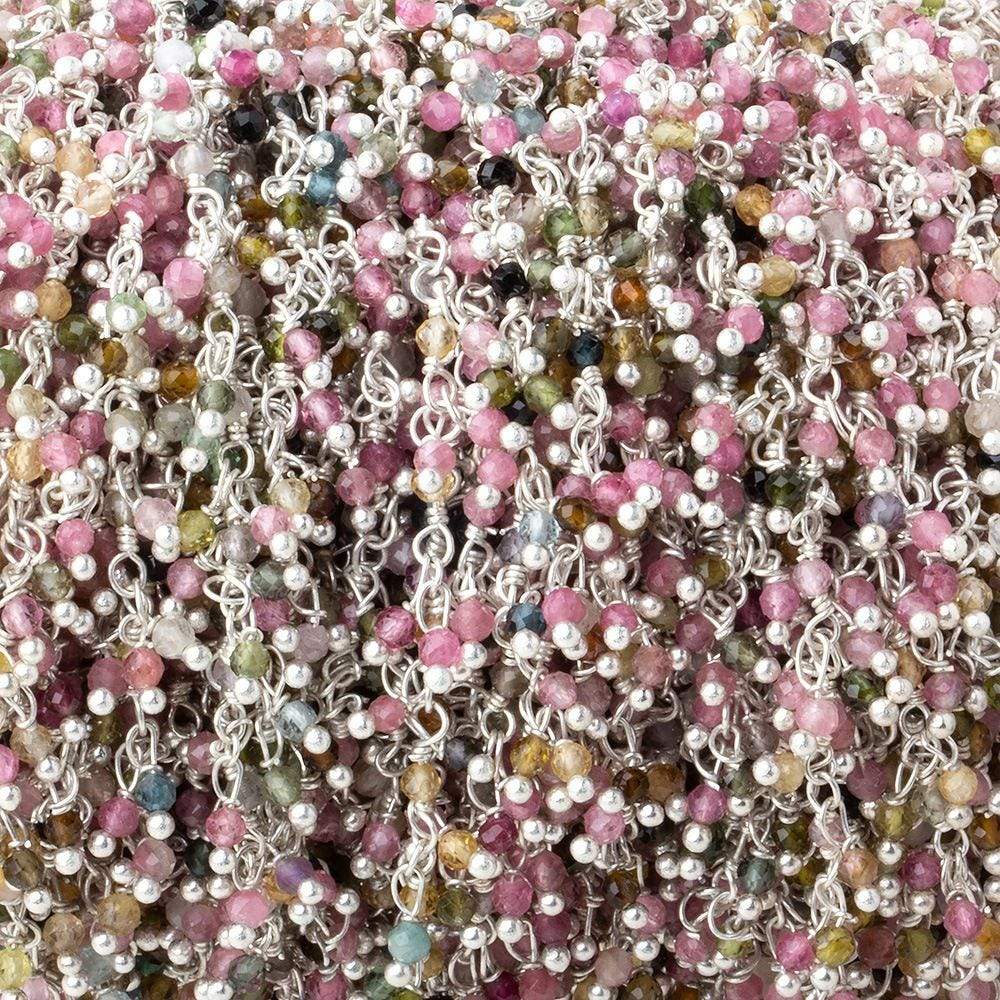 2mm Multi Color Tourmaline micro-faceted round Silver plated Dangling Chain by the foot