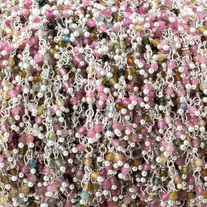 2mm Multi Color Tourmaline micro-faceted round Silver plated Dangling Chain by the foot