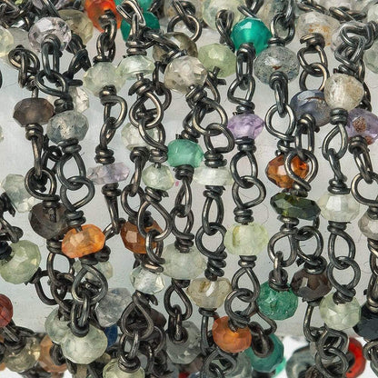 2mm Multi Gemstone Faceted Rondelle Black Gold plated Silver Chain by the foot