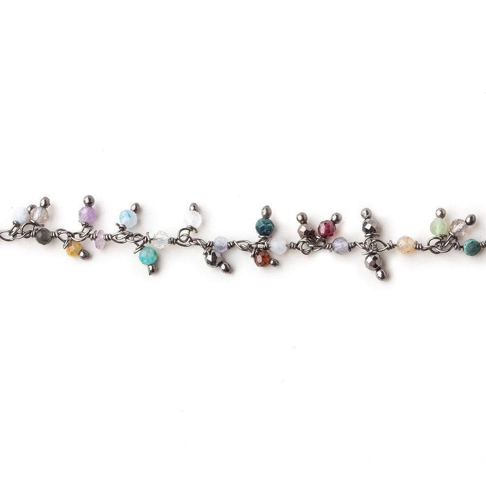 2mm MultiColor Gemstone micro faceted round Black Gold Dangling Chain by the foot