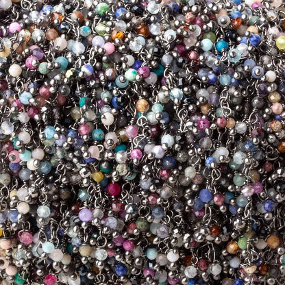 2mm MultiColor Gemstone micro faceted round Black Gold Dangling Chain by the foot