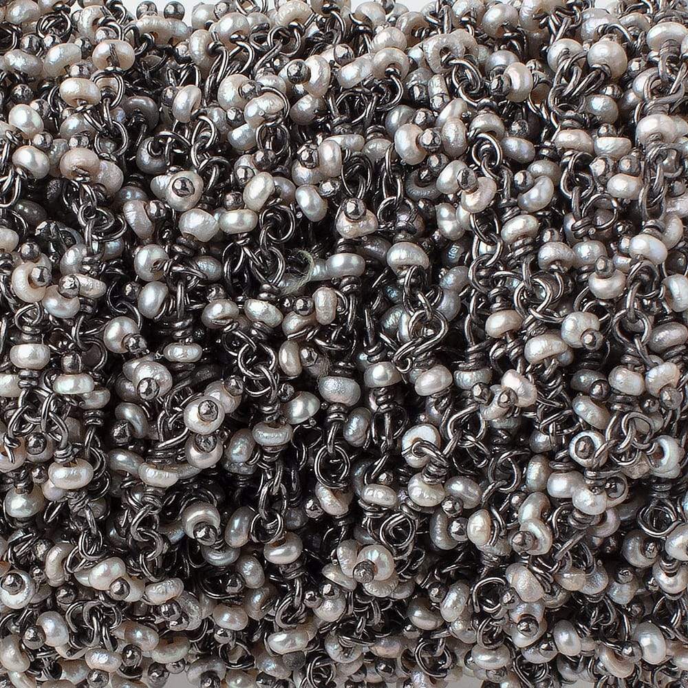 2mm Off White Seed Pearls on Black Gold .925 Dangling Chain by the Foot