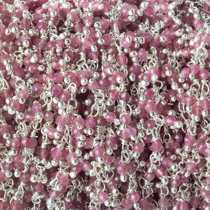 2mm Pink Tourmaline micro faceted round Silver .925 Dangle Chain by the foot