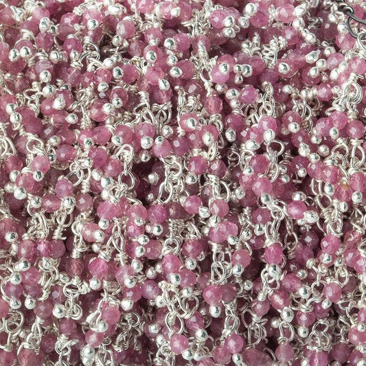 2mm Pink Tourmaline micro faceted round Silver .925 Dangle Chain by the foot
