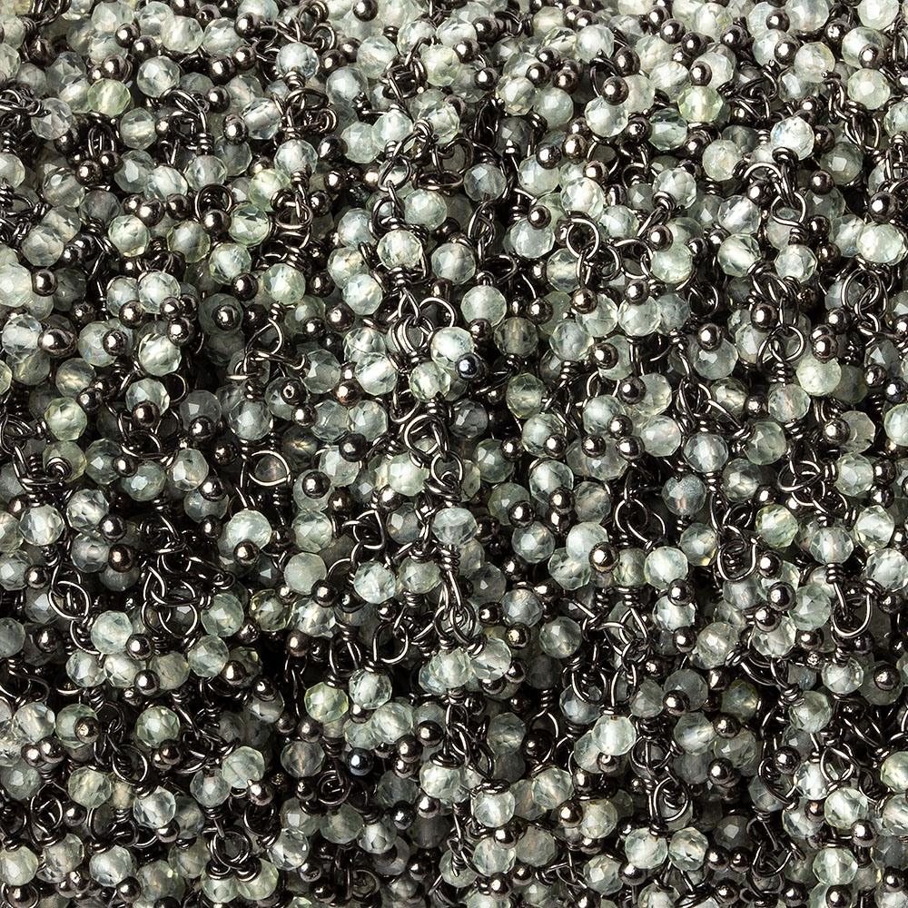 2mm Prehnite micro faceted round Black Gold plated Dangling Chain by the foot