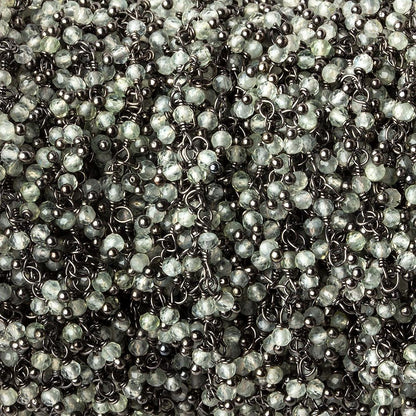 2mm Prehnite micro faceted round Black Gold plated Dangling Chain by the foot