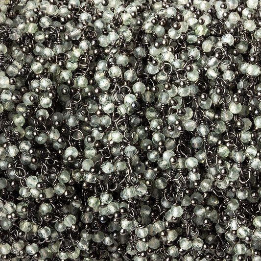 2mm Prehnite micro faceted round Black Gold plated Dangling Chain by the foot