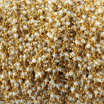 2mm Prehnite micro faceted round Gold plated Dangling Chain by the foot