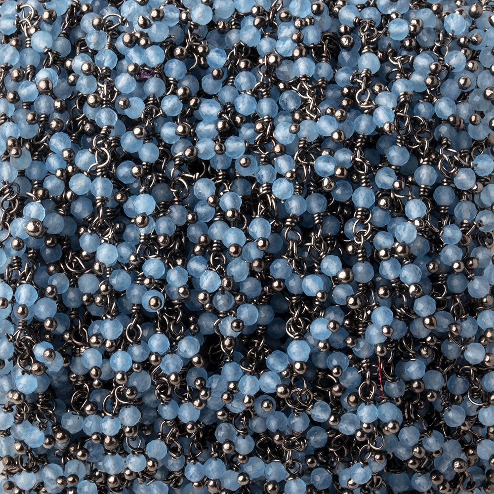 2mm Santorini Blue Chalcedony Micro Faceted Rounds on Black Gold Plated Dangling Chain