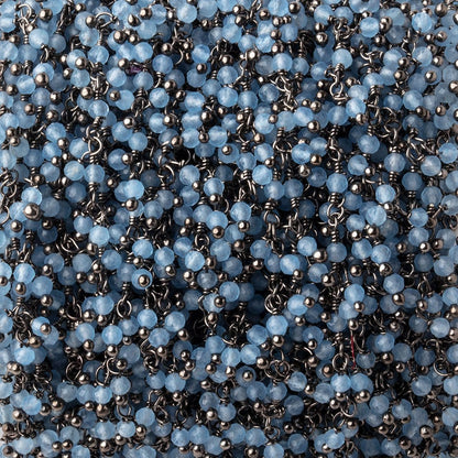 2mm Santorini Blue Chalcedony Micro Faceted Rounds on Black Gold Plated Dangling Chain