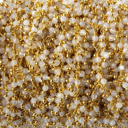 2mm White Moonstone micro faceted round Gold Dangling Chain by the foot