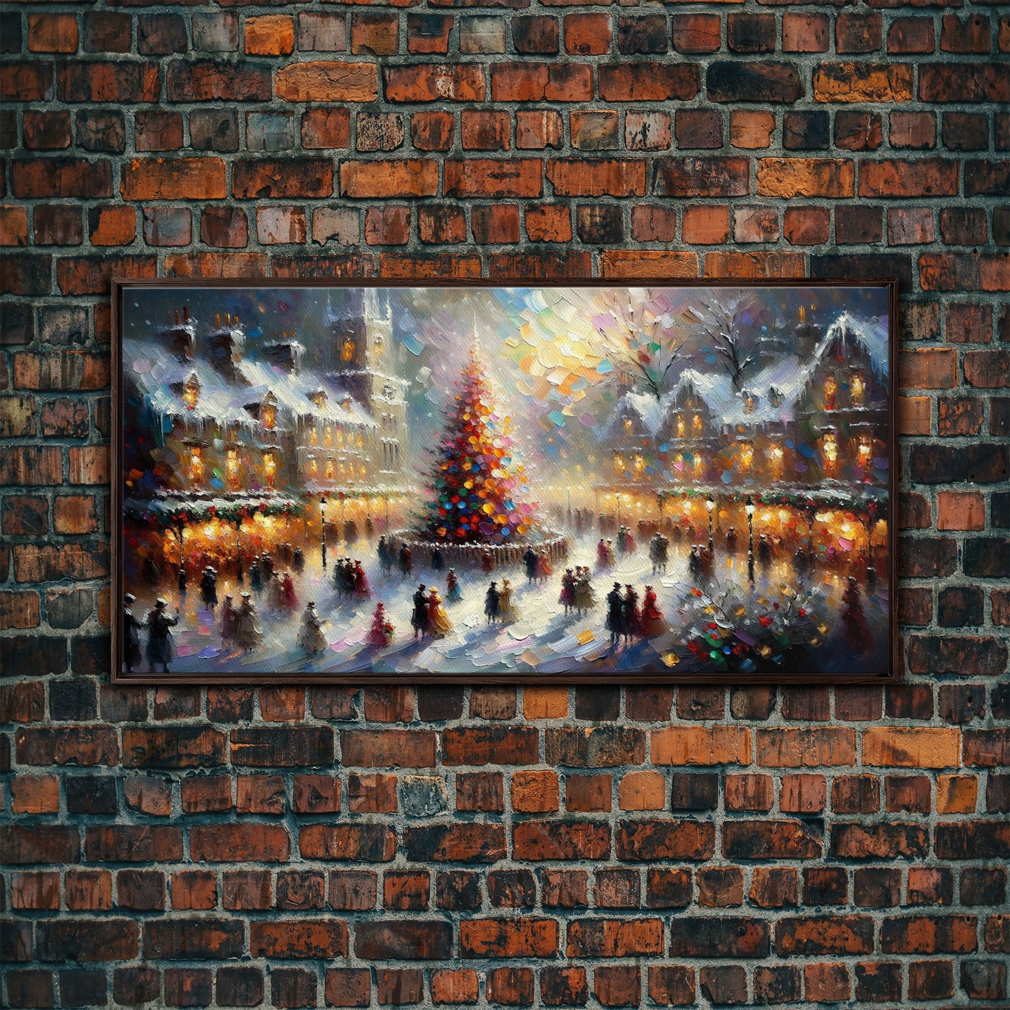 Retro Style Christmas Canvas Print | Framed Canvas Print | Christmas Village | Winter Wonderland | Impasto Style Painting | Seasonal Decor