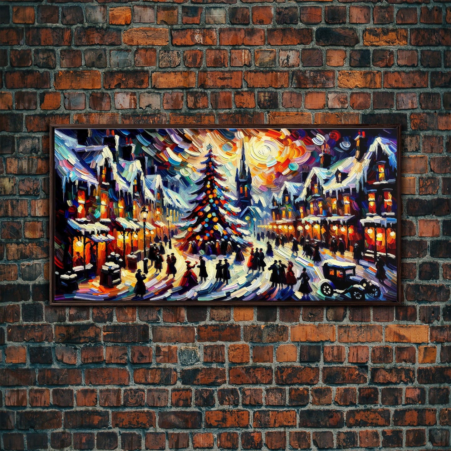 Retro Style Christmas Canvas Print | Framed Canvas Print | Christmas Village | Winter Wonderland | Impasto Style Painting | Seasonal Decor