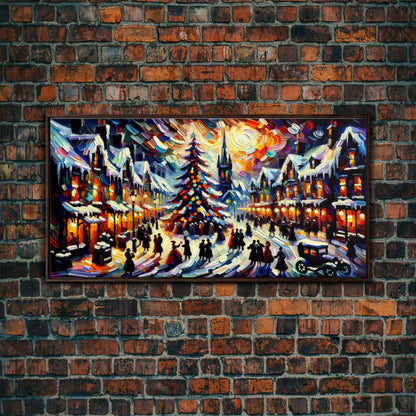 Retro Style Christmas Canvas Print | Framed Canvas Print | Christmas Village | Winter Wonderland | Impasto Style Painting | Seasonal Decor