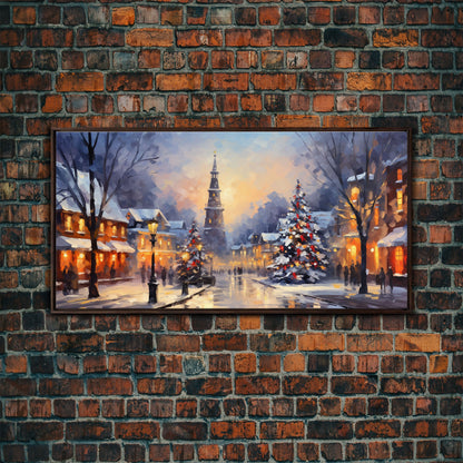 Christmas Centerpiece Wall Art - Framed Canvas Print - Winter Wonderland Victorian Village Decorated for Christmas Canvas Wall Art