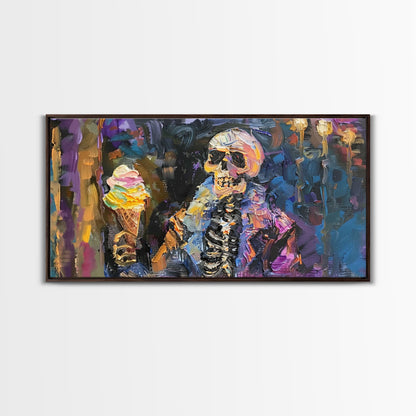Halloween Art, Skeleton Having an Ice Cream Cone, Framed Canvas Print, Halloween Decor