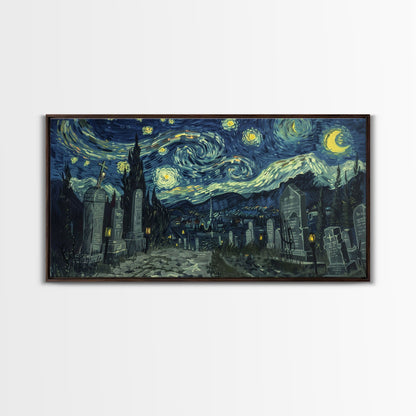 Haunted Graveyard Framed Canvas Print, Starry Night Van Gogh Inspired Halloween Decor, Spooky Vibes Halloween Gift