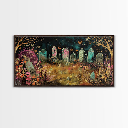 Colorful Haunted Grave Yard In The Spring Time, Framed Canvas Print, Spooky Wall Art, Halloween Spooky Season Decor